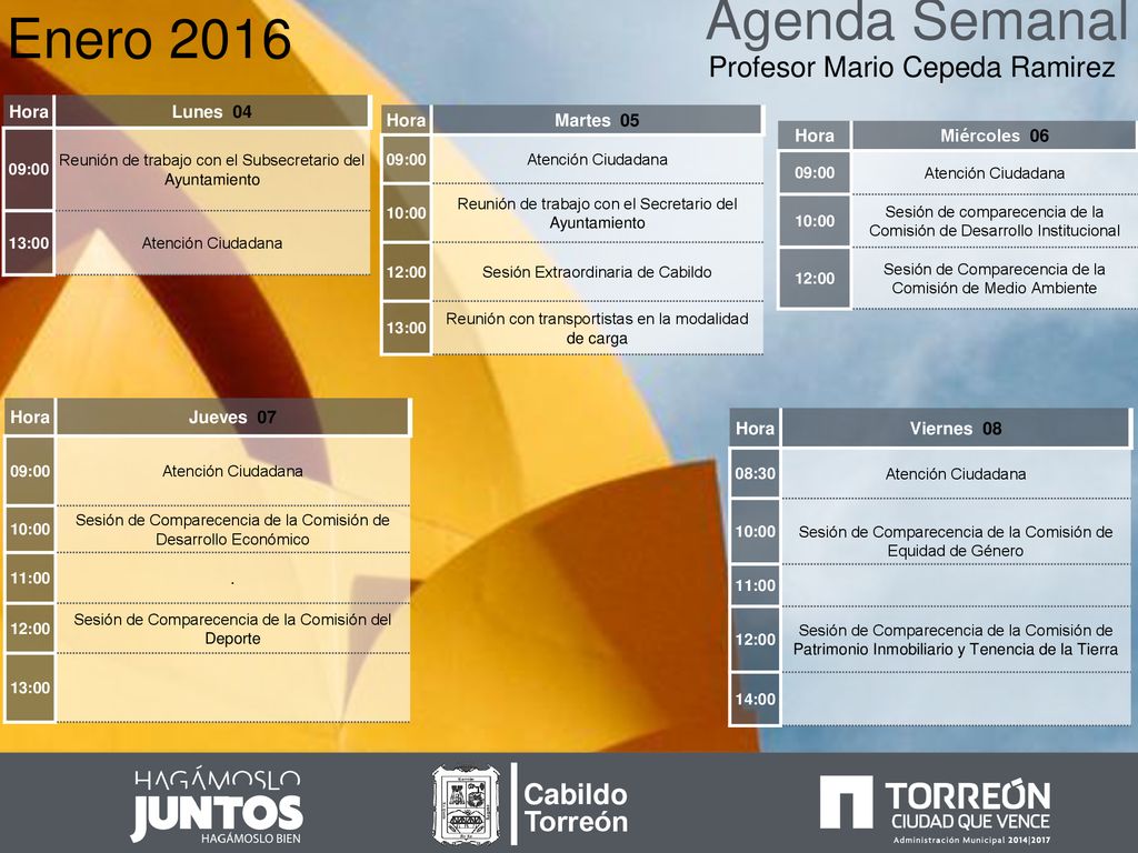 Agenda Semanal Enero 2016 Profesor Mario Cepeda Ramirez Cabildo Ppt